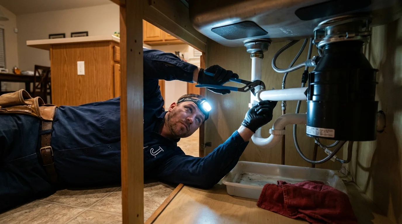 P-trap and supply line connections under a kitchen sink showing a common leak point in Parowan, UT